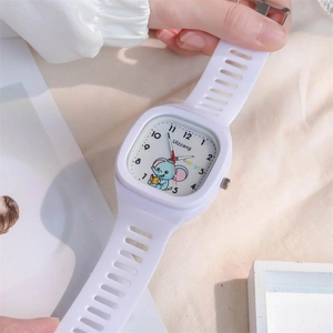 Close-up of white square quartz watch with lucky elephant design and silicone strap