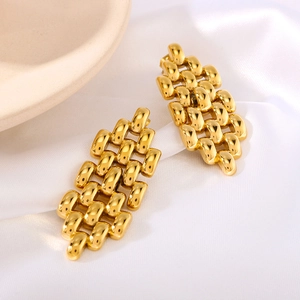 Chic golden stainless steel geometric chain earrings on elegant white silk background