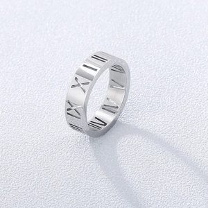 Macro detail of silver Roman numeral engraving on a polished titanium steel ring