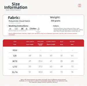 Detaillierte Größentabelle und Materialangaben für die Yoga-Sportjacke für Damen
