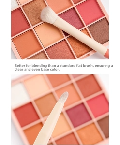 Detail of angled eye makeup brushes with white synthetic bristles and beige handles