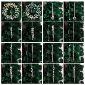 Detailed size overview of clear acrylic icicle ornaments and festive Christmas wreaths