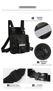Detail of black tactical vest bag showing reflective strips and adjustable buckles