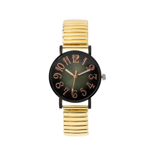 Black and green gradient dial watch with rose gold numerals and flexible metal band