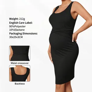 Maternity Dress Sleeveless Crossover Waist Bodycon Polyester Elastane Breathable Slim Fit Casual Pregnancy Party Wear