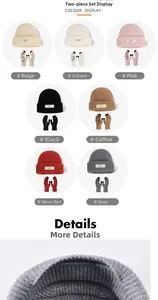 Detailed grid showing knitted beanie and gloves sets in seven neutral colors