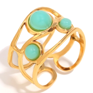 French retro style 18K gold plated stainless steel open ring with green cabochon stones