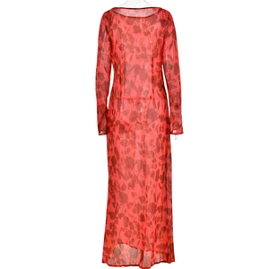 Detail view of the back of a bohemian red floral print sheer mesh long dress