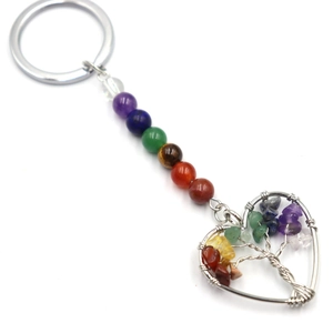 Chakra tree of life heart keychain with colorful crystal stones and silver wire wrap