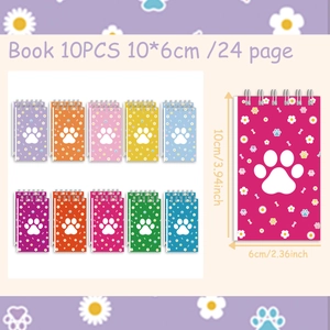 Detail view of 10-piece colorful dog paw print notebooks with size measurements