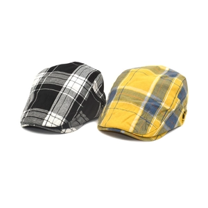 Retro plaid newsboy cap in black-white and colorful patterns, classic flat top ivy hat