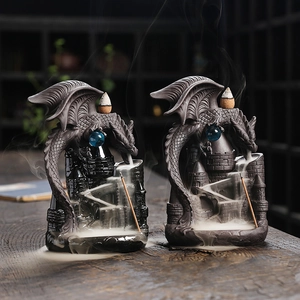 Dragon Castle Backflow Incense Burner Purple Sand Ceramic Waterfall Smoke Censer Ornament Blue Bead Office Home Decor