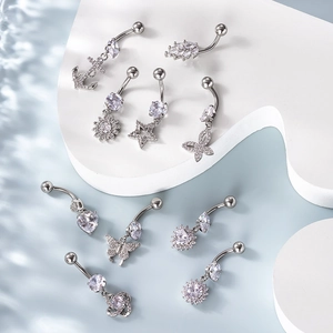 Set of stainless steel belly rings with micro-pave cubic zirconia in various charms