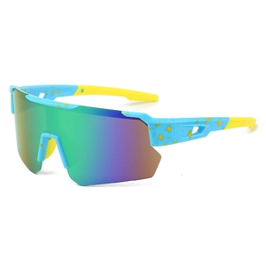Outdoor cycling sunglasses with sky blue splash frame and colorful mirrored lenses