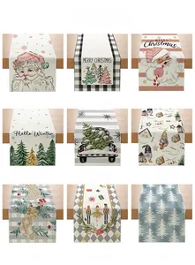 Macro detail of nine Christmas table runner patterns including Nutcracker and Santa styles