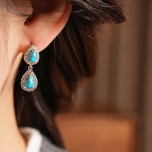 Vintage silver zircon resin teardrop earrings featuring turquoise stones with rhinestones