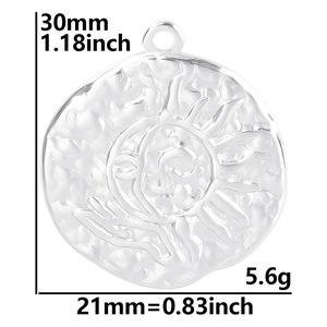 Polished stainless steel sun and moon pendant necklace with detailed size dimensions