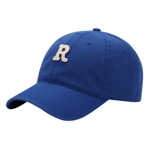 Royal blue soft-top baseball cap with embroidered letter R in a stylish 45-degree view
