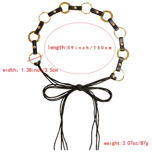 Bohemian black leather waist belt with gold metal rings and tassel details, 59 inch length