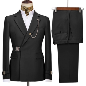 Men's slim fit black double-breasted two-piece suit set with decorative metal chain brooch