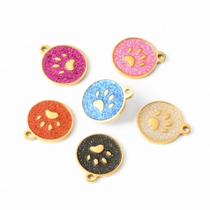 Stainless Steel Round Pet Paw Pendant Enamel Glitter Dog ID Tag DIY Jewelry Making Accessories
