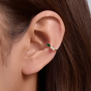 French style gold ear cuff with square green emerald and clear zircon stones