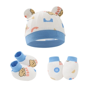 Set neonato 3 pezzi in cotone con cappellino e muffole, motivo orsetto in bianco e blu