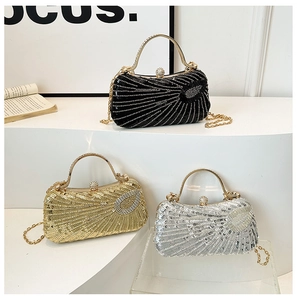 Detailed view of sequined evening clutch bags in black, gold, and silver with chain straps