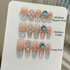Handgemachte Press On Nägel Lang Coffin Mandel Französisch Blau Luxus Strass Künstliche Perle Dekor Elegant Wiederverwendbar Damen