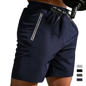 Men's athletic shorts in navy blue quick-dry fabric with drawstring and zipper pocket