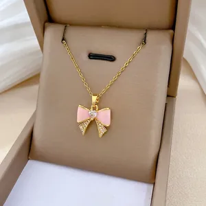 Bowknot Pendant Necklace Pink Enamel Heart Zircon Stainless Steel Chain Elegant Luxury Jewelry For Women Sweet Style