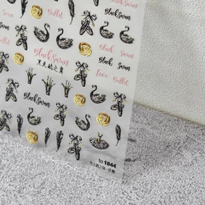 5D Embossed black swan and ballet shoes nail stickers with gold and pink 3D relief details