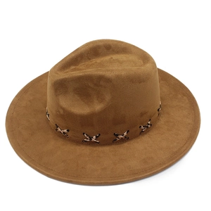 Brown faux suede western fedora hat with wide brim and decorative stitched band