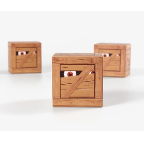 Macro detail of Halloween wooden pattern gift box featuring realistic spooky eyeball graphics