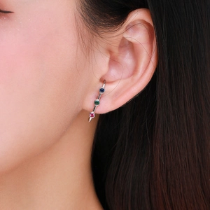 Elegant S925 sterling silver ear cuff with colorful red, blue, and green gemstones