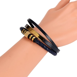 Men's multilayer braided leather bracelet in blue and gold with a magnetic clasp