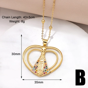 Detailed size view of gold heart necklace with Virgin Mary pendant and colored zircons