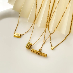 Minimalist Geometric Pendant Necklace Titanium Steel Gold Plated Moon Gold Bar Cylinder Fashion Clavicle Chain