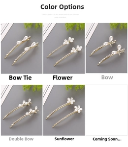 Detailed close-up of pearl and rhinestone hair clips in floral and bow-knot designs