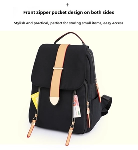 Detail view of Oxford cloth backpack with khaki straps and dual vertical zippers