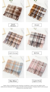 Collage of checkered tassel scarves in six colors including khaki and sky blue