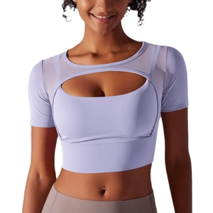 Lavender mesh short sleeve sports top with oval cutout detail for yoga and fitness