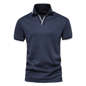 Men's navy blue cotton polo shirt with deer embroidery and white striped collar detail