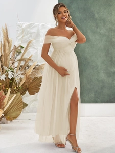 Off-white off-shoulder mesh maternity dress with high slit for spring and summer