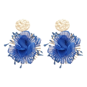 Exaggerated blue chiffon flower drop earrings with hammered gold metal studs for women