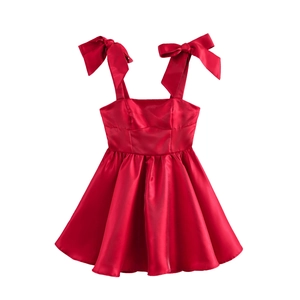 Robe Courte En Satin Nœuds Épaules Taille Haute Coupe Évasée Rouge Vin Sexy Douce Fille Fête Bal Bretelles Camisole
