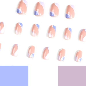 French wave pattern press-on nails in nude pink and lavender with a square shape finish