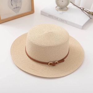 Elegant French flat top straw hat in beige with brown leather belt and gold buckle