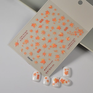 Autumn 5D embossed maple leaf nail art stickers with elegant Chinese calligraphy design
