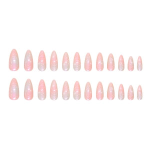 24pcs pink and blue gradient almond press-on nails with white stars and waves art